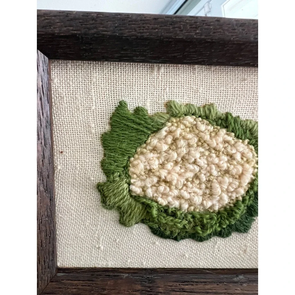 Handmade Crewel Embroidery Cauliflower Folk Art Linen Primitive Framed 5x6